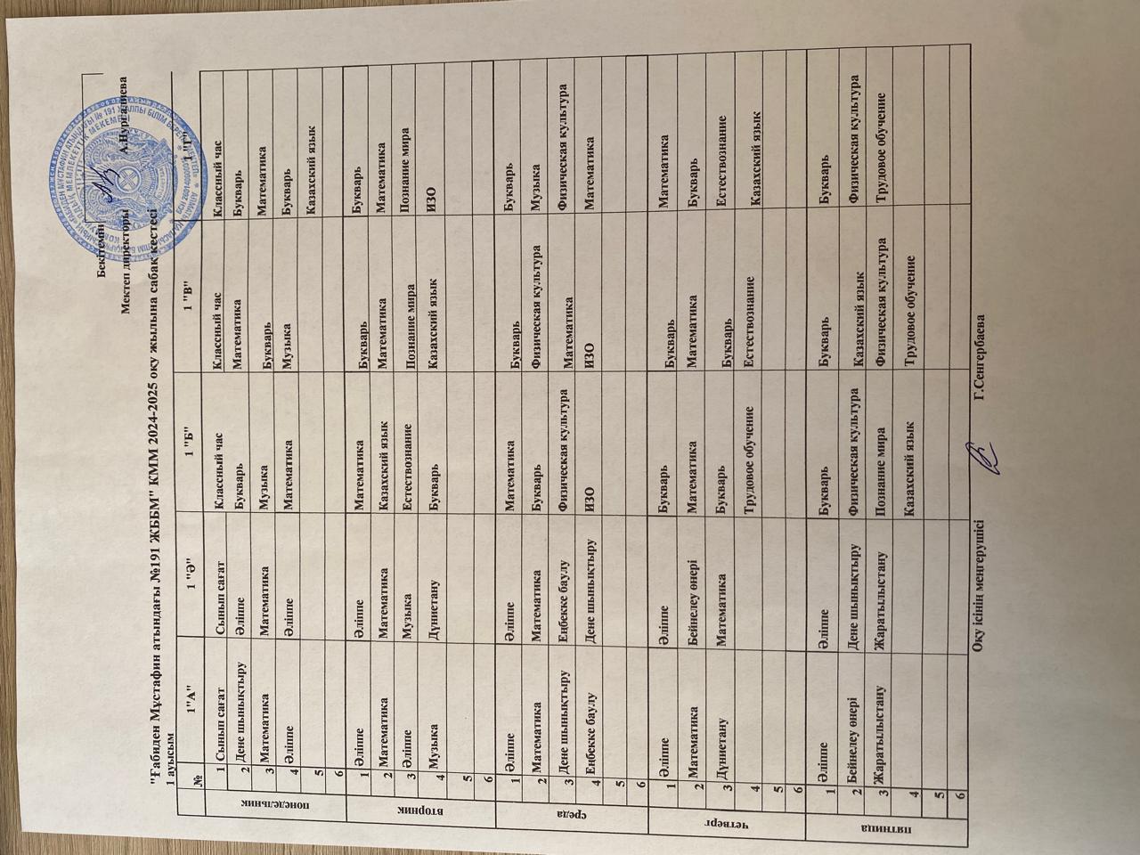 Сабақ кестесі 1-4 сынып 1 ауысым